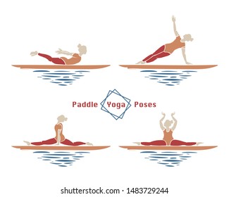 Stand Up Paddle Boarding yoga collection. SUP surfing vector illustration with young woman practicing asanas on a supboard on white background - Vector