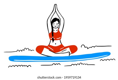 Stand Up Paddle Boarding yoga collection. SUP surfing cartoon sketch vector illustration set with young woman practicing asanas on a supboard, paddle and seagull isolated on white background