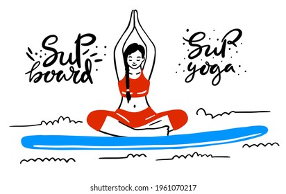 Stand Up Paddle Boarding yoga collection. SUP surfing cartoon sketch vector illustration set with young woman practicing asanas on a supboard, paddle and seagull isolated on white background