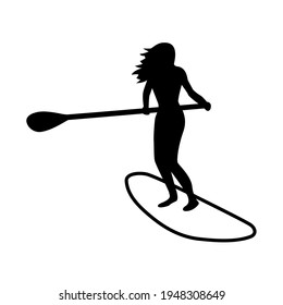 Stand up paddle logo. Girl standing on SUP and holding a paddle.Trendy types of water activities. Vector icon in flat style.