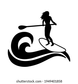 Stand up paddle logo. Girl standing on SUP and holding a paddle.Trendy types of water activities. Vector icon in flat style.