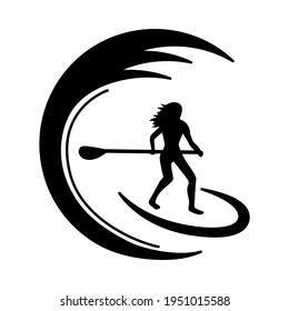 Stand up paddle logo. Girl standing on SUP and holding a paddle.Trendy types of water activities. Vector icon in flat style.