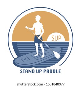 Stand Up Paddle, paddleboarding singn logo. Man standing up on a paddle board. Vector illustration, isolated silhouette.
