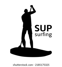 Stand Up Paddle. Silhouette of a surfer with a paddle. Emblem, badge, logo. Vector illustration.