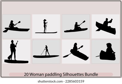 Stand Up paddle silhouette a woman is standing on a boat, Standup paddleboarding,Canoe paddle Silhouette,Woman posing with surfboard and paddle,Man and woman standing on the paddleboards