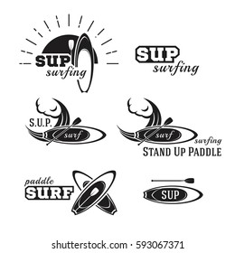 Stand up paddle. Sup surfing signs, logos