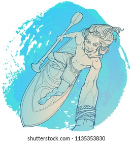 Stand up paddle surfer. Young Man surfing the wave and taking a selfie. EPS10 Vector illustration.