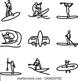 Stand up paddle surfing, boarding. Man surfer with paddle. Paddleboarding, SUP fitness.  Abstract isolated contour of surfboarder. 