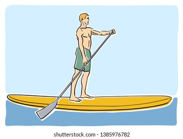 Stand up paddle surfing, boarding. Single male surfer with paddle. Surfrider on board. Paddleboarding, SUP fitness. Vector flat illustration. Colorful drawing. Isolated contour and colors.