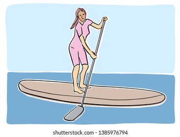 Stand up paddle surfing, boarding. Single female surfer with paddle. Surfrider girl on board. Paddleboarding, SUP fitness. Vector flat illustration. Colorful drawing. Isolated contour and colors.