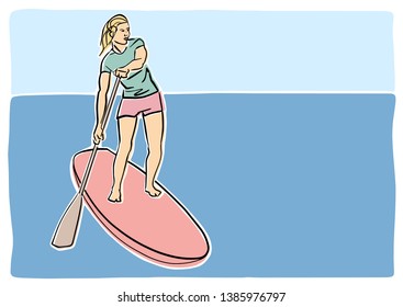 Stand up paddle surfing, boarding. Single female surfer with paddle. Surfrider girl on board. Paddleboarding, SUP fitness. Vector flat illustration. Colorful drawing. Isolated contour and colors.