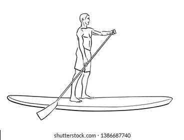 Stand up paddle surfing, boarding. Single male surfer with paddle. Surfrider on board. Paddleboarding, SUP fitness. Fitness illustration. Abstract isolated contour of surfboarder. Hand drawn outlines.