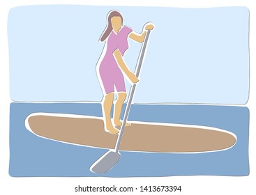 Stand up paddle surfing, boarding. Single female surfer with paddle. Surfrider girl on board. Paddleboarding, SUP fitness. Applique or paper cut style.