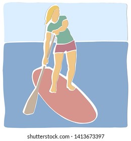 Stand up paddle surfing, boarding. Single female surfer with paddle. Surfrider girl on board. Paddleboarding, SUP fitness. Applique or paper cut style. Colorful vector illustration.