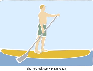 Stand up paddle surfing, boarding. Single male surfer with paddle. Surfrider on board. Paddleboarding, SUP fitness. Applique or paper cut style.