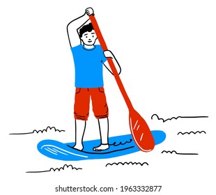 Stand up paddle surfing, boarding. Single male surfer with paddle. Surfrider on board. Paddleboarding, SUP fitness. Fitness illustration. Abstract isolated contour of surfboarder. Hand drawn outlines