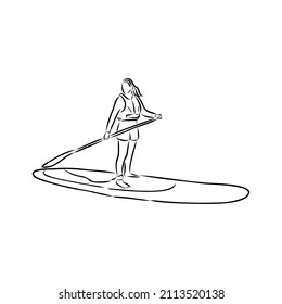 Stand up paddle surfing, boarding. Single female surfer with paddle. Surfrider girl on board. Paddleboarding, SUP fitness. fitness illustration. Abstract isolated contour of surfboarder.