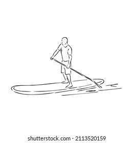 Stand up paddle surfing, boarding. Single female surfer with paddle. Surfrider girl on board. Paddleboarding, SUP fitness. fitness illustration. Abstract isolated contour of surfboarder.