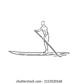 Levántate a la navegación de remo, a bordo. Surfista soltera con remo. Niña frigorífica a bordo. Embalaje, fitness SUP. ilustración de aptitud. Resumen del contorno aislado del surfboard.