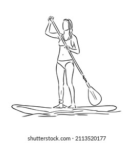 Stand up paddle surfing, boarding. Single female surfer with paddle. Surfrider girl on board. Paddleboarding, SUP fitness. fitness illustration. Abstract isolated contour of surfboarder.