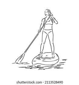 Stand up paddle surfing, boarding. Single female surfer with paddle. Surfrider girl on board. Paddleboarding, SUP fitness. fitness illustration. Abstract isolated contour of surfboarder.