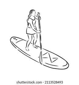 Levántate a la navegación de remo, a bordo. Surfista soltera con remo. Niña frigorífica a bordo. Embalaje, fitness SUP. ilustración de aptitud. Resumen del contorno aislado del surfboard.