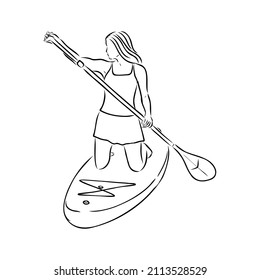 Levántate a la navegación de remo, a bordo. Surfista soltera con remo. Niña frigorífica a bordo. Embalaje, fitness SUP. ilustración de aptitud. Resumen del contorno aislado del surfboard.