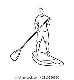 Stand up paddle surfing, boarding. Single female surfer with paddle. Surfrider girl on board. Paddleboarding, SUP fitness. fitness illustration. Abstract isolated contour of surfboarder.