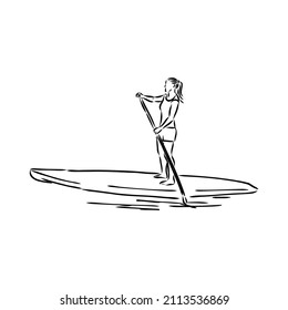 Stand up paddle surfing, boarding. Single female surfer with paddle. Surfrider girl on board. Paddleboarding, SUP fitness. fitness illustration. Abstract isolated contour of surfboarder.