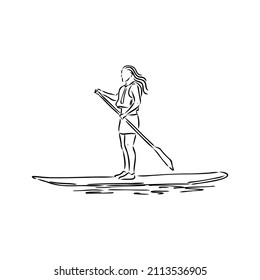 Levántate a la navegación de remo, a bordo. Surfista soltera con remo. Niña frigorífica a bordo. Embalaje, fitness SUP. ilustración de aptitud. Resumen del contorno aislado del surfboard.