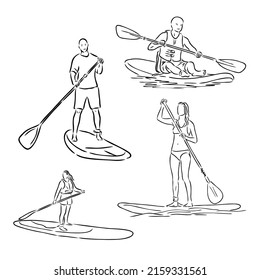 Levántate a la navegación de remo, a bordo. Surfista soltera con remo. Niña frigorífica a bordo. Embalaje, fitness SUP. ilustración de aptitud. Resumen del contorno aislado del surfboard.