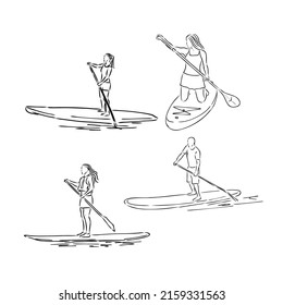 Stand up paddle surfing, boarding. Single female surfer with paddle. Surfrider girl on board. Paddleboarding, SUP fitness. fitness illustration. Abstract isolated contour of surfboarder.