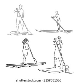 Stand up paddle surfing, boarding. Single female surfer with paddle. Surfrider girl on board. Paddleboarding, SUP fitness. fitness illustration. Abstract isolated contour of surfboarder.