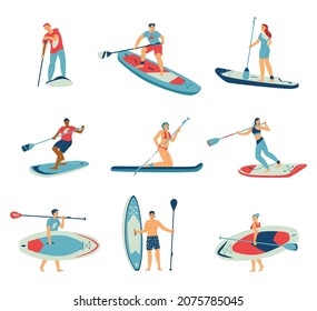 Stand up paddle surfing water sport characters set, flat vector illustration isolated on white background. Symbols for stand up paddle surf beach activity.