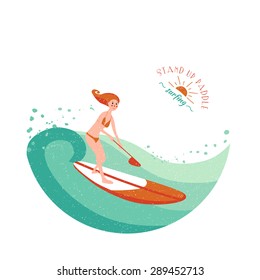 Stand Up Paddle Surfing. Young girl rides on the board and green wave.
