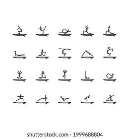 Stand Up Paddle Yoga flat line icons set. Man practicing SUP yoga on a paddle board in the sea. Simple flat vector illustration for store, web site or mobile app.