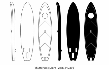 Stand up paddleboard (SUP) illustration with multiple views: wireframe, solid, and side profiles. Ideal for water sports, marine design, and outdoor activity graphics