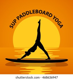 Stand up paddleboard Yoga. Woman silhouette in downwards facing dog leg air pose