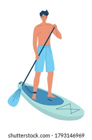 Stand up paddleboarding man. Young man with stand up paddle board and paddle.  Watersport vector hand drawn illustration.
