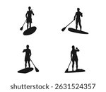 Stand Up Paddleboarding silhouette. Set as stand-up paddling silhouette. Silhouette of a SUP board. Stand-up paddle boarding. Silhouette icon vector isolated on white background.	
