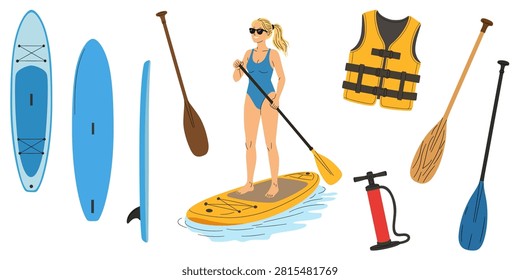Stand up paddleboarding SUP equipment set with young woman paddling on water, surfboard, paddles, safety life jacket vest, air pump isolated on white background hand drawn vector illustration