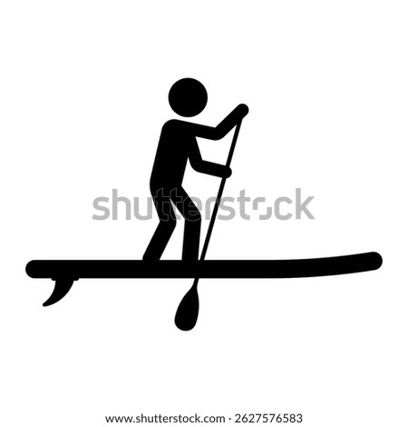 Stand up paddleboarding vector icon. SUP water sport activity symbol for beach, surfing, or outdoor recreation themes. Black silhouette isolated on white background.