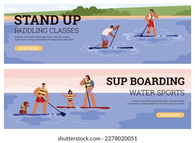 Se levantan clases de remo y se colocan banners web de deportes acuáticos de submarinismo, ilustración vectorial plana. Gente aprendiendo a nadar y a nadar en la tabla de surf.