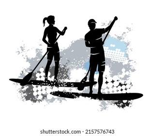 Stand up paddling graphic with dynamic background.