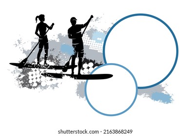 Stand up paddling graphic with text buttons.