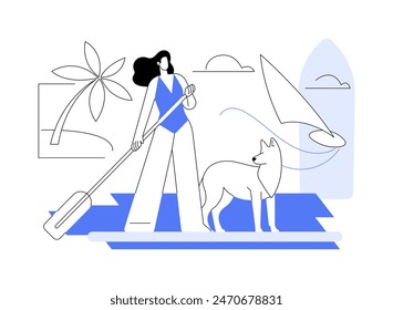 Levántate remando Ilustraciones vectoriales aisladas de dibujos animados. Chica atleta remando en el mar con perro, salpicadura de agua, estilo de vida saludable, vacaciones de verano, de pie Vector de pádel de abordaje de dibujos animados.