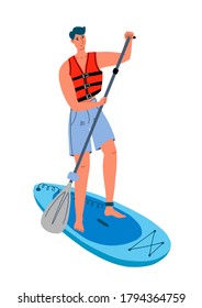 Stand up paddling man. Young man with stand up paddle board, paddle and life jacket.  Water sport vector hand drawn illustration.