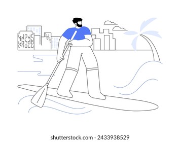 Stand up paddling rental isolated cartoon vector illustrations. Young sporty man boating near city park, urban lifestyle, recreation day, paddling rental idea, active sport vector cartoon.