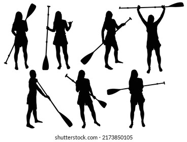 Stand up paddling silhouette. Set of silhouettes women with SUP-BOARD stand-up padding. SUP