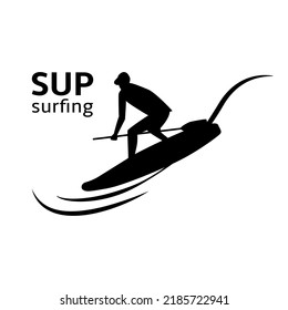 Stand up paddling. Silhouette of a surfer with a paddle. Emblem, badge, logo. Vector illustration.